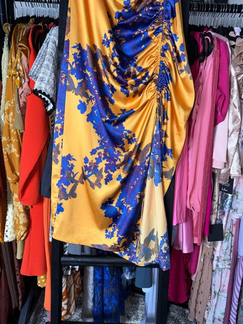 ALLSAINTS Carla Venetia Ruched Midi Skirt Gold Blue Floral Womens US 8 EUC